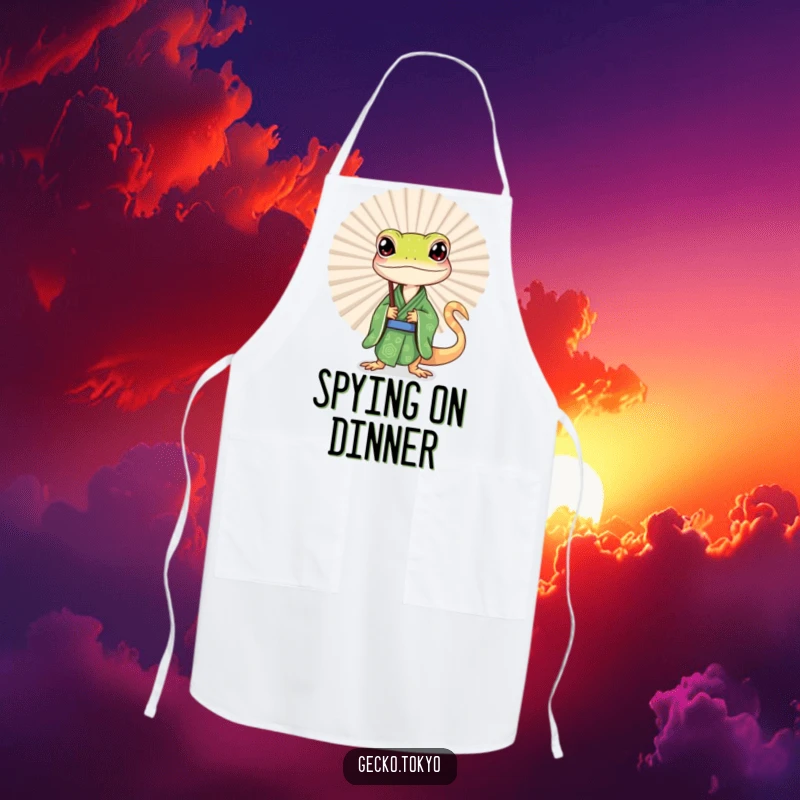 Funny gecko apron, curiously peeking from behind a large fan in a green kimono, adding playful intrigue to kitchen tasks, a practical funny gift.