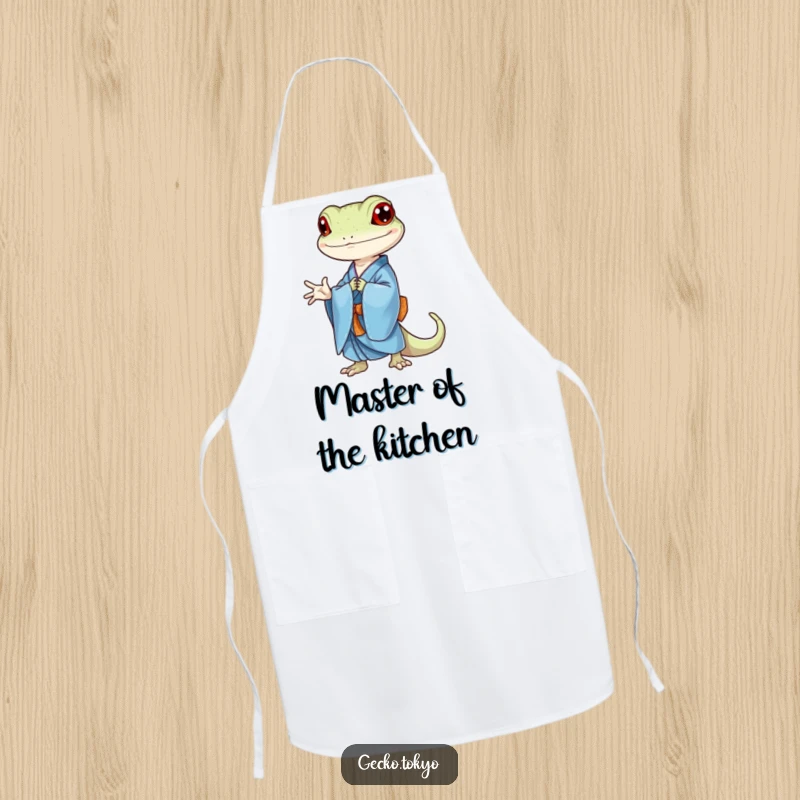 Funny gecko apron, bowing elegantly in a blue kimono, adding a touch of sophisticated humor to kitchen tasks, a practical funny gift.
