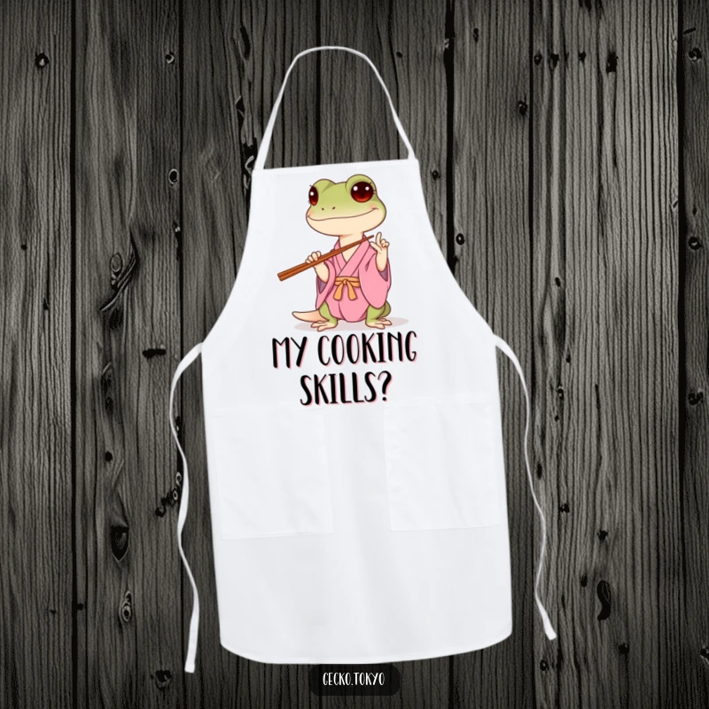 Funny gecko apron, hilariously attempting to balance chopsticks in a pink kimono, adding culinary humor and playful struggle, a practical funny gift.