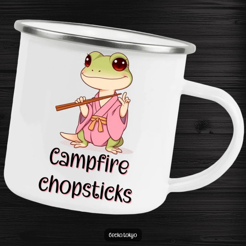 Funny gecko camping mug, hilariously attempting to balance chopsticks in a pink kimono, bringing relatable humor to outdoor trips, a durable funny gift.