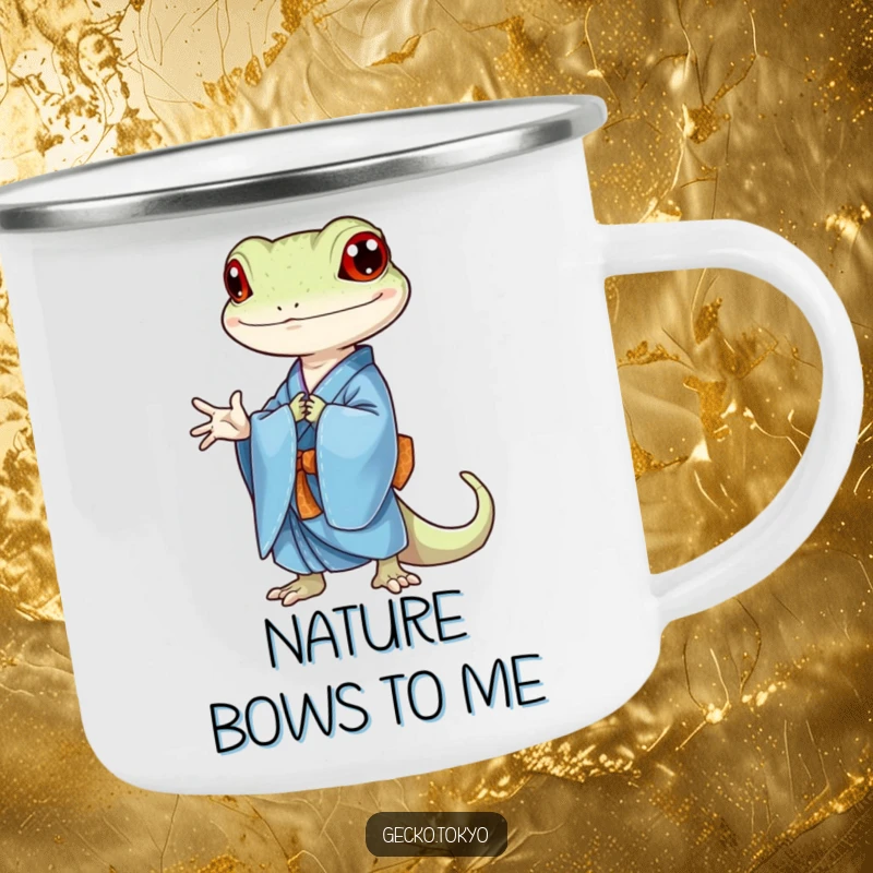 Funny gecko camping mug, bowing respectfully in a blue kimono, bringing serene style to outdoor journeys, a durable funny gift.