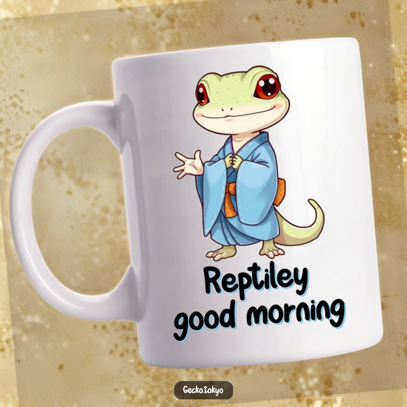 Funny gecko mug, elegantly bowing in a blue kimono with a patterned obi, showcasing respect and gentle humor, a unique funny gift.