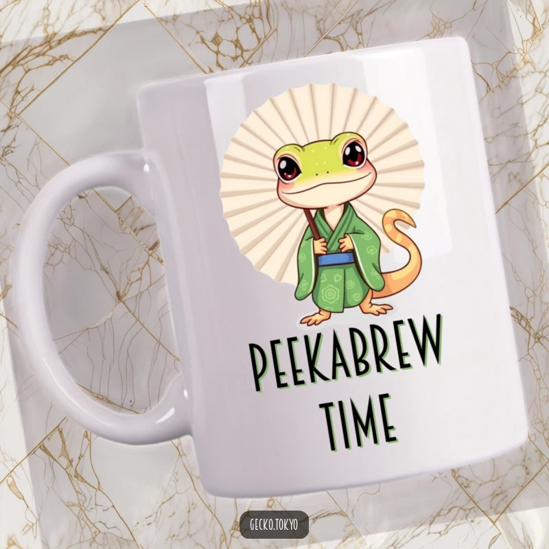 Funny gecko mug, curiously peeking from behind a large fan in a green kimono, embodying playful intrigue and hidden humor, a delightful funny gift.