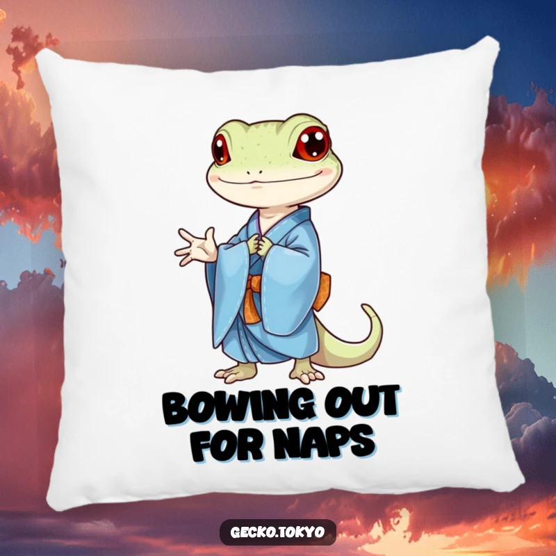 Funny gecko pillow, bowing gracefully in a blue kimono, bringing serene style and gentle humor to any room, a cozy funny gift.