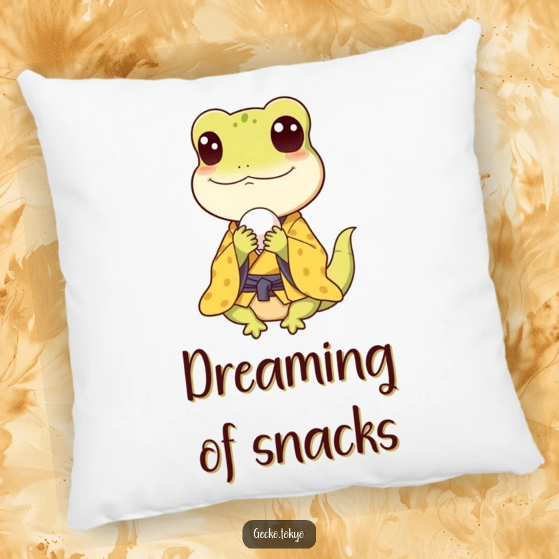 Funny gecko pillow, happily eating a rice ball in a yellow kimono, offering comfort and a dose of foodie joy, a cozy funny gift.