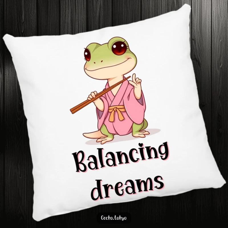 Funny gecko pillow, hilariously attempting to balance chopsticks in a pink kimono, offering comfort and a dose of relatable humor, a cozy funny gift.