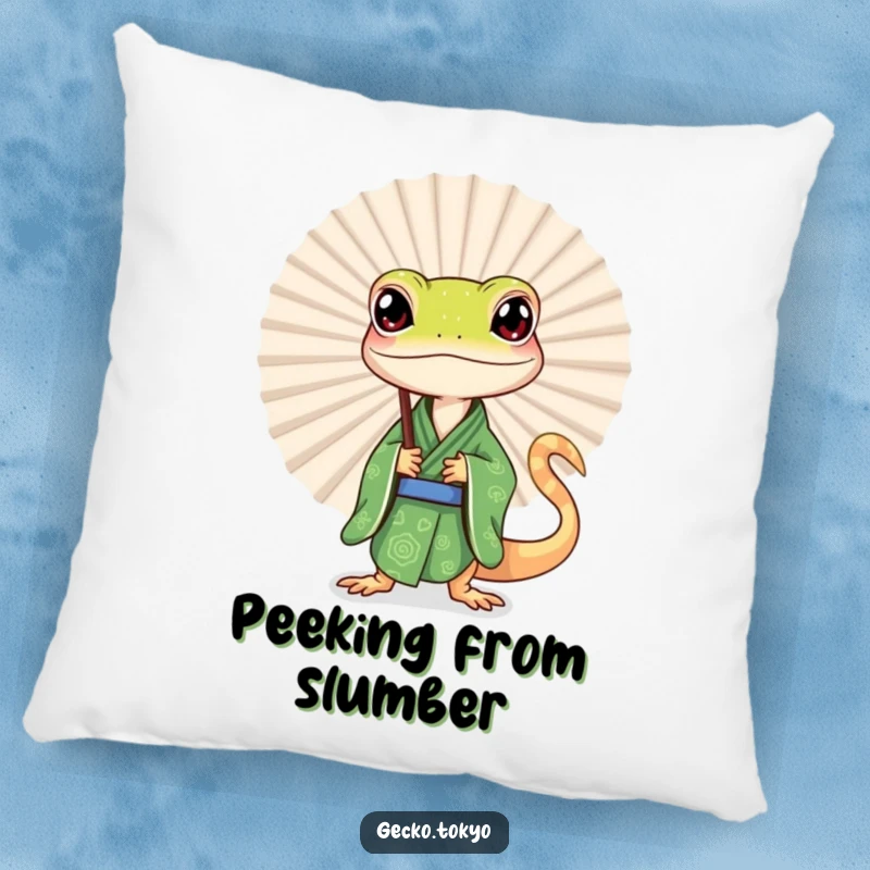 Funny gecko pillow, peeking from behind a large fan in a green kimono, offering comfort and a dose of playful mystery, a cozy funny gift.