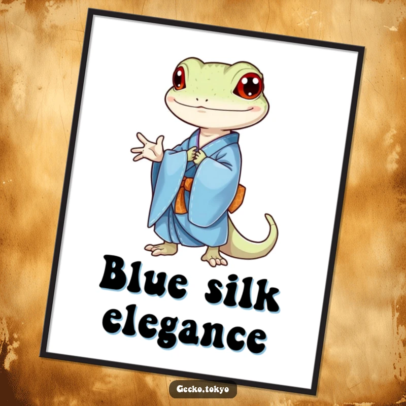 Funny gecko digital art print, gracefully bowing in a blue kimono, bringing elegant charm and subtle humor, an instant funny gift.