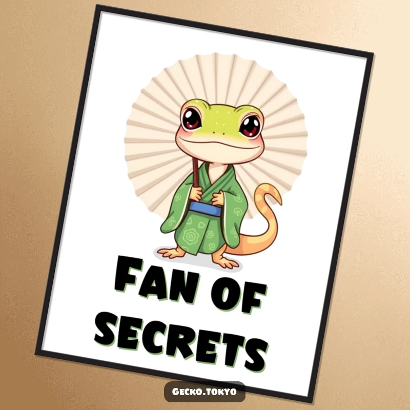 Funny gecko digital art print, curiously peeking from behind a large fan in a green kimono, exuding playful mystery, an instant funny gift.