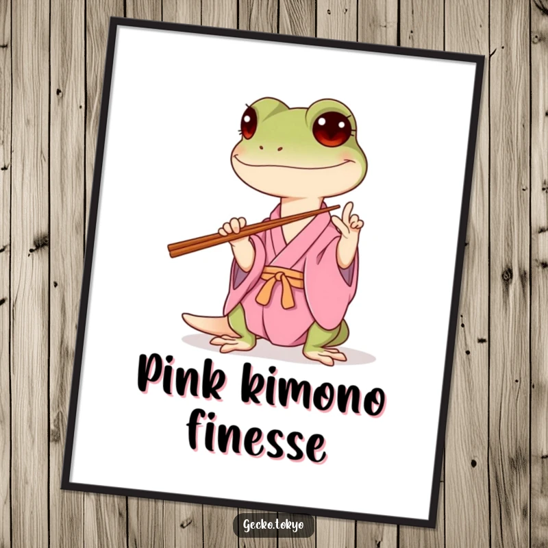 Funny gecko digital art print, hilariously attempting to balance chopsticks in a pink kimono, exuding relatable humor, an instant funny gift.