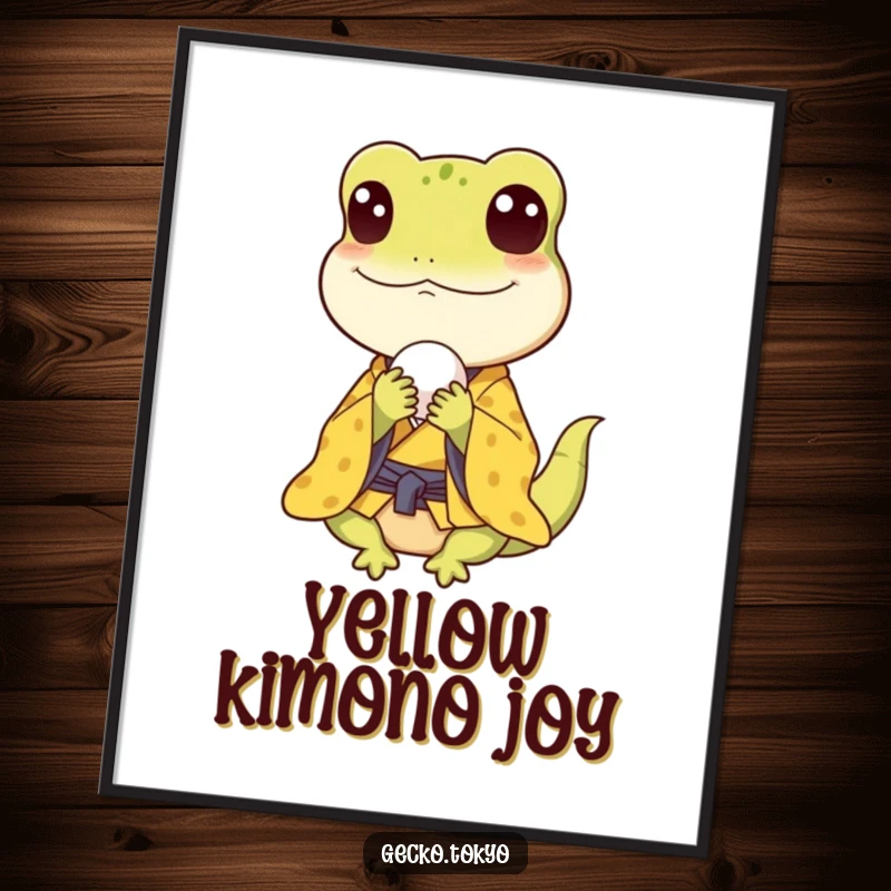 Funny gecko digital art print, happily munching a rice ball in a yellow kimono, exuding foodie joy, an instant funny gift.