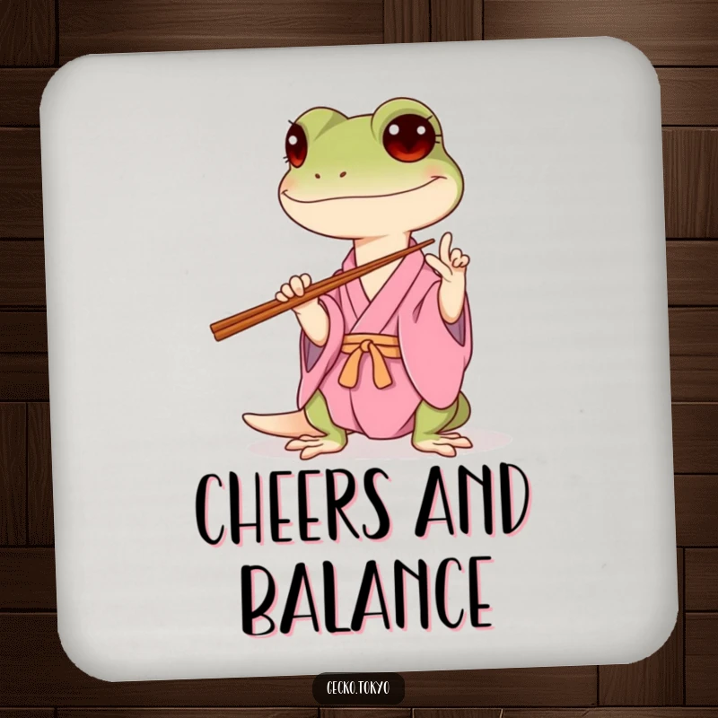 Funny gecko drink coaster, hilariously attempting to balance chopsticks in a pink kimono, offering protection with charming humor, a cute funny gift.