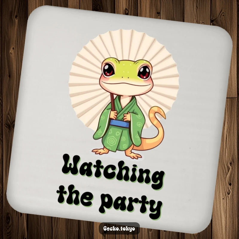 Funny gecko drink coaster, curiously peeking from behind a large fan in a green kimono, offering protection with playful charm, a cute funny gift.