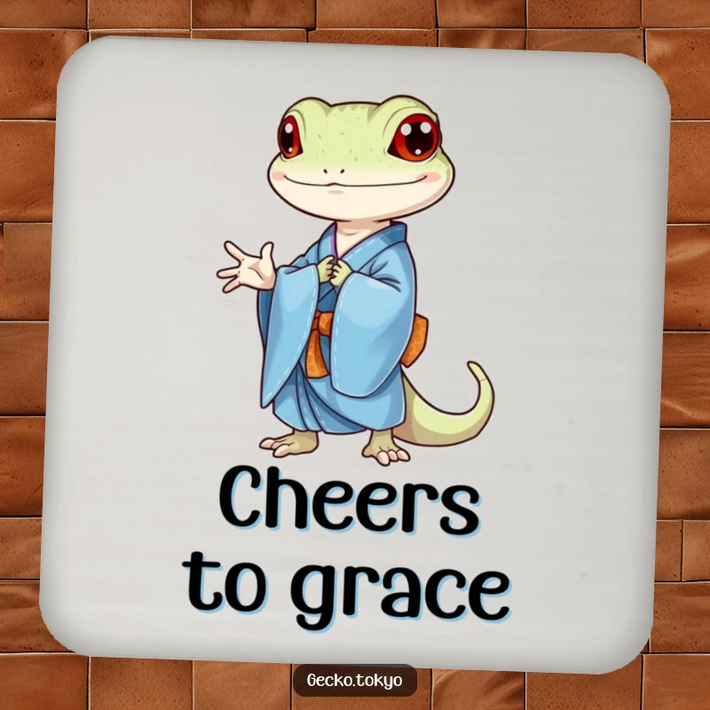 Funny gecko drink coaster, bowing elegantly in a blue kimono, offering protection with refined humor, a stylish funny gift.