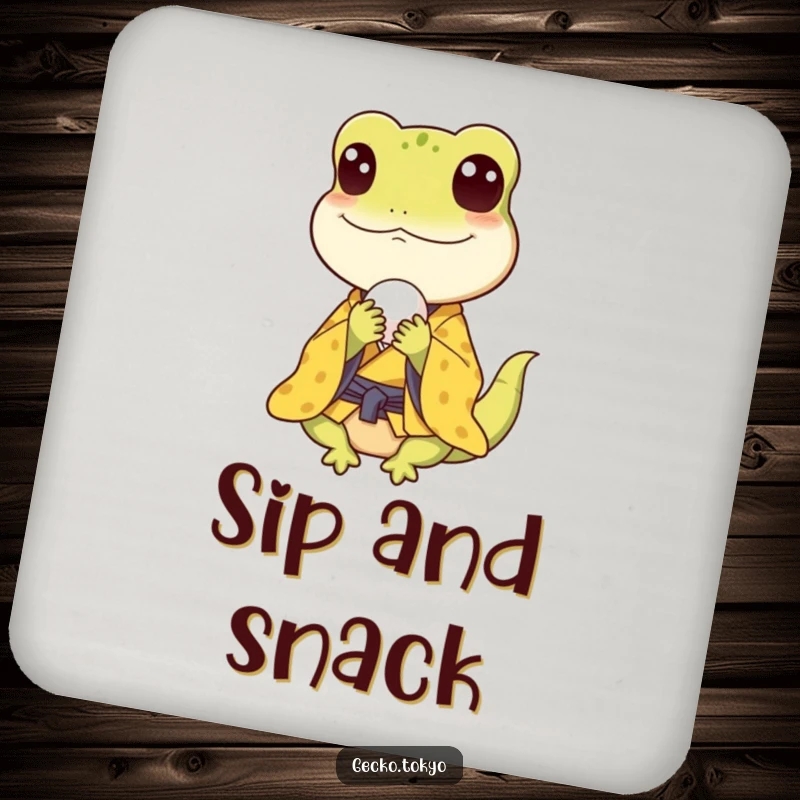 Funny gecko drink coaster, happily eating a rice ball in a yellow kimono, offering protection with foodie charm, a cute funny gift.