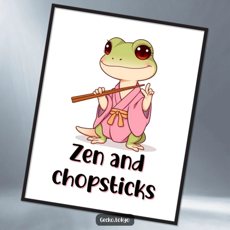 Funny gecko poster, hilariously attempting to balance chopsticks in a pink kimono, embodying playful struggle and determined humor, a visually engaging funny gift.