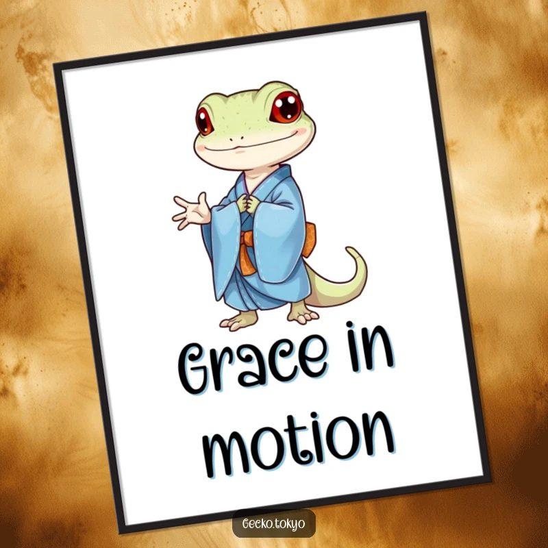 Funny gecko poster, respectfully bowing in a blue kimono, capturing serene elegance and a hint of gecko humor, a tasteful funny gift.