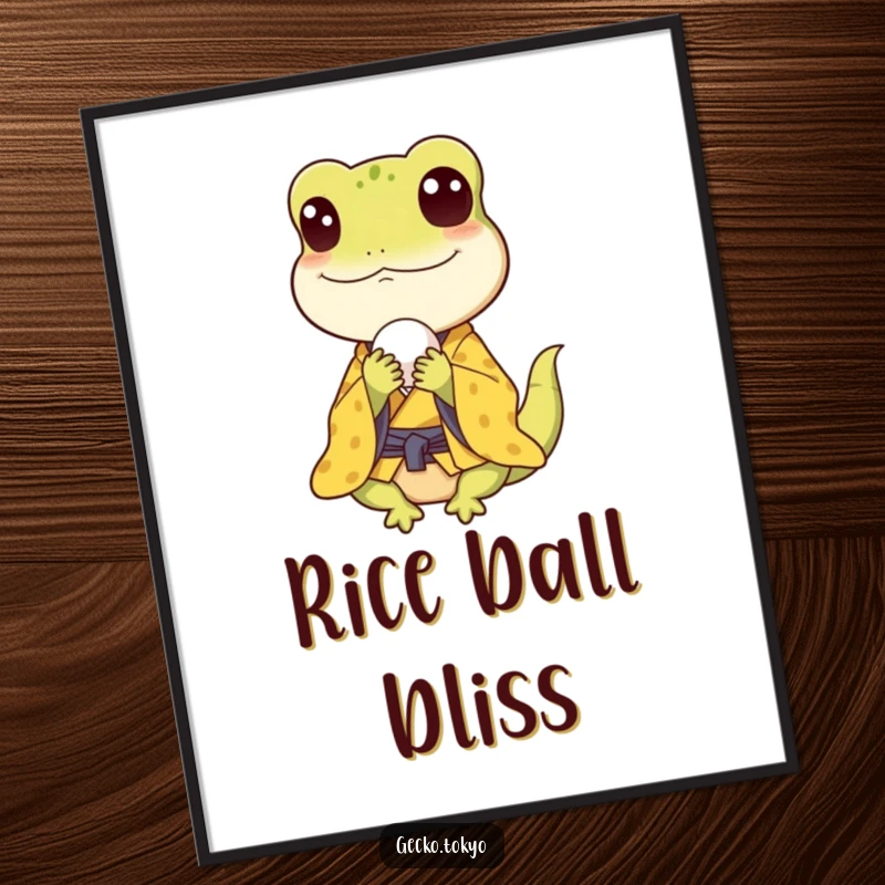 Funny gecko poster, happily munching a tiny rice ball in a yellow kimono, exuding simple joy and foodie charm, a cute funny gift.
