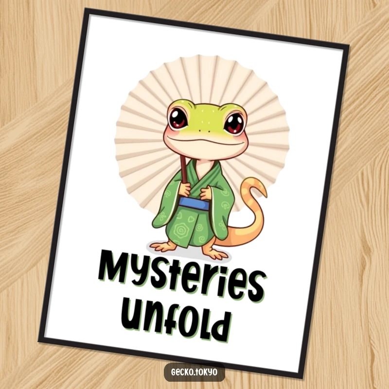 Funny gecko poster, curiously peeking from behind a large fan, capturing playful intrigue and subtle humor, a visually engaging funny gift.