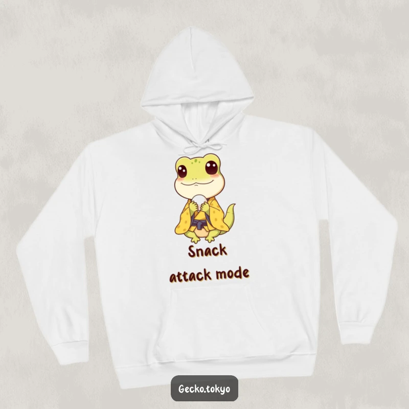 Funny gecko hoodie, happily munching a rice ball in a yellow kimono, radiating comfort and culinary delight, a warm funny gift.