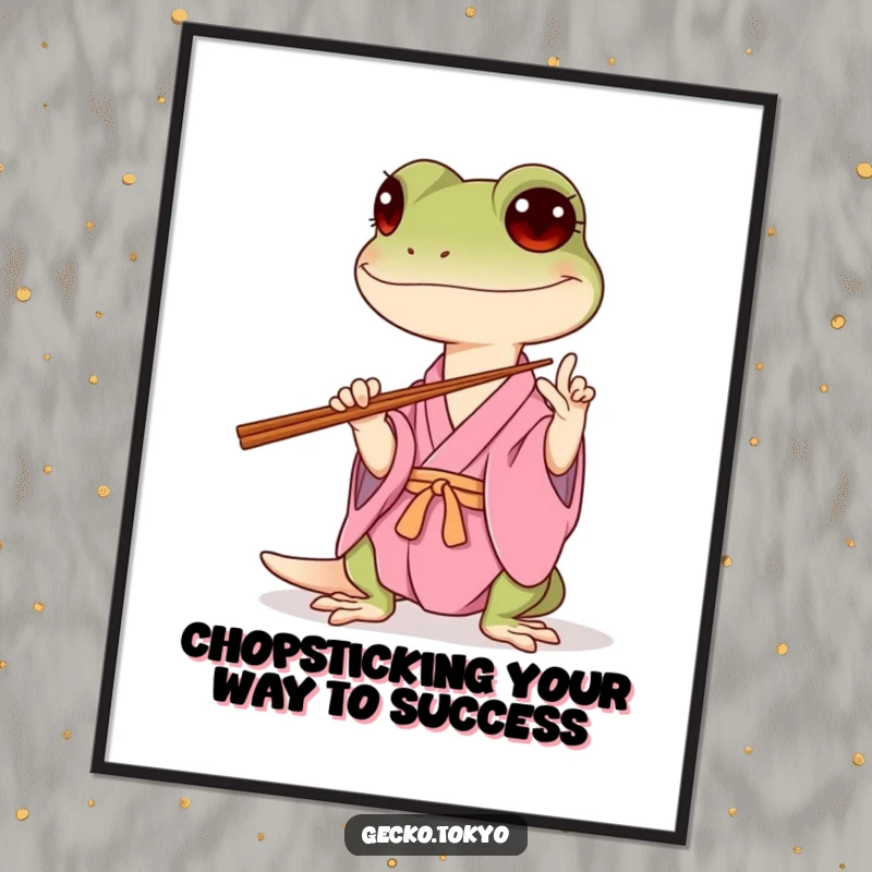 Funny Free Printable Wall Art depicting a gecko in a pink kimono hilariously struggling to balance chopsticks, a scene of comedic effort.