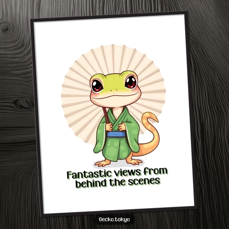 Funny Free Printable Wall Art featuring a curious gecko in a green kimono peeking out from behind a large, ornate fan, full of intrigue.