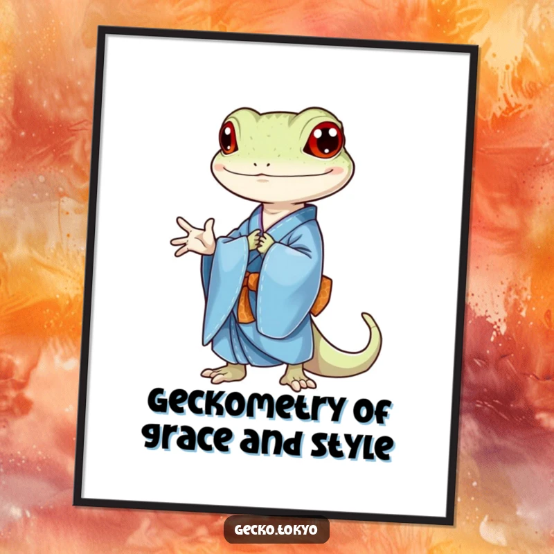 Funny Free Printable Wall Art showing a gecko in a blue kimono with a patterned obi, bowing with serene grace and style.