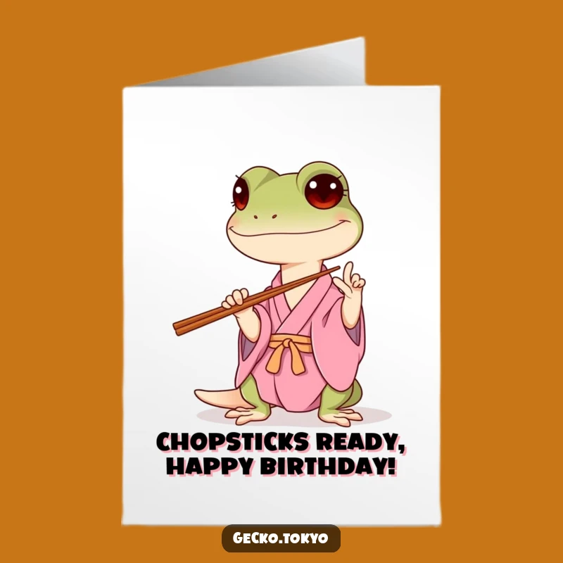 Free Printable Birthday Card: Gecko Balancing Chopsticks, Downloadable Funny Gift!