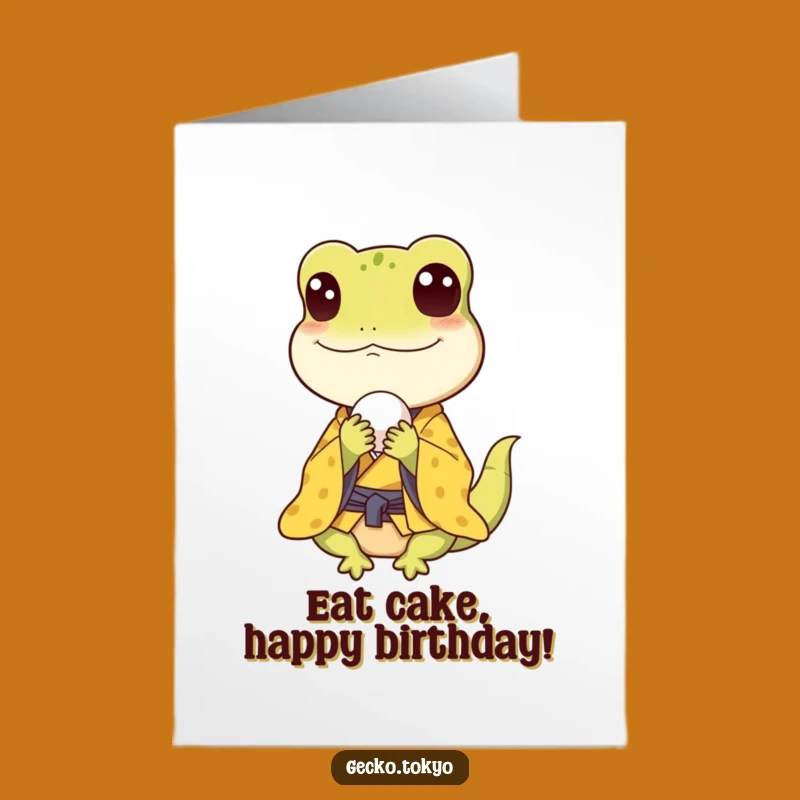 Free Printable Birthday Card: Happy Gecko Eating Rice Ball, Downloadable Funny Gift!