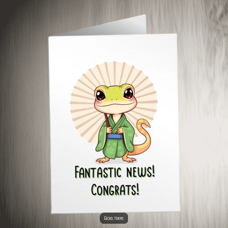 Funny Free Printable Congratulations Card showing a curious gecko in a green kimono peeking from behind a large fan, hinting at good news.