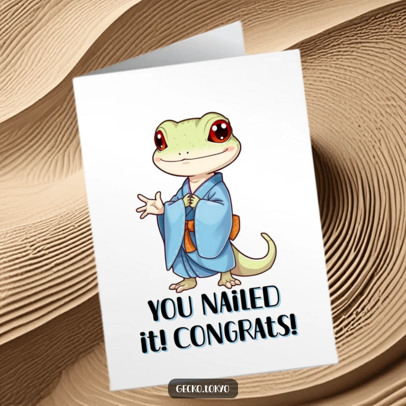 Funny Free Printable Congratulations Card featuring a gecko in a blue kimono executing a perfect, respectful bow, celebrating their win.