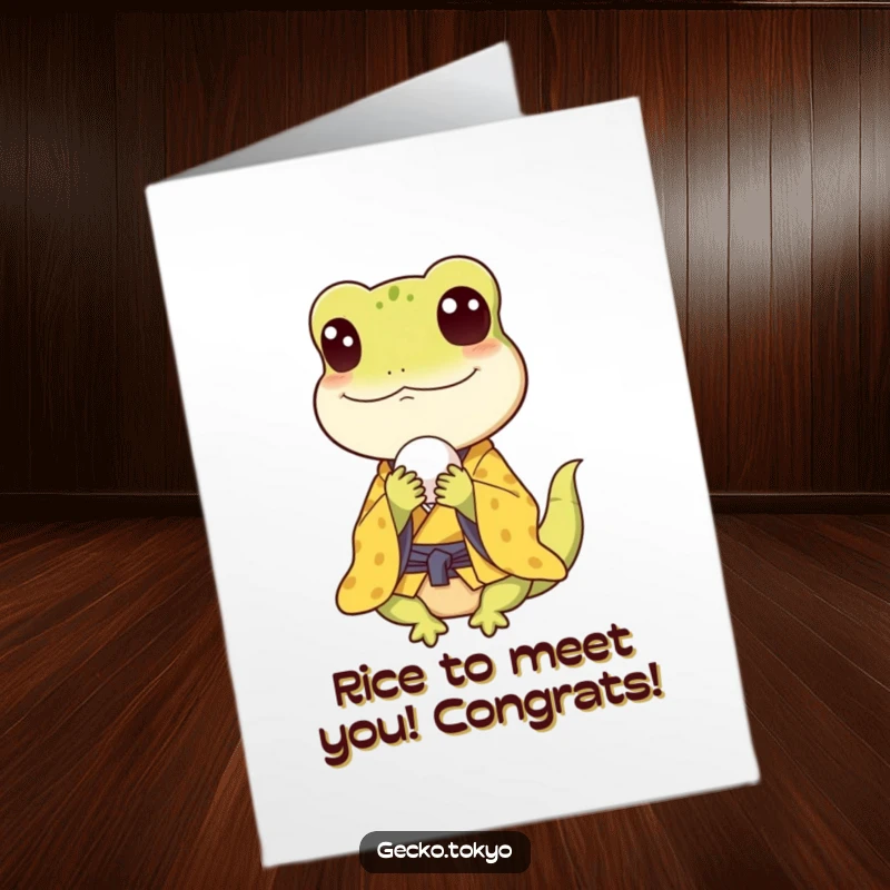 Funny Free Printable Congratulations Card showing a content gecko in a yellow kimono happily eating a tiny rice ball, celebrating achievement.