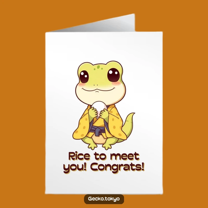 Free Printable Congrats Card: Gecko Enjoying Rice Ball, Downloadable Funny Gift!