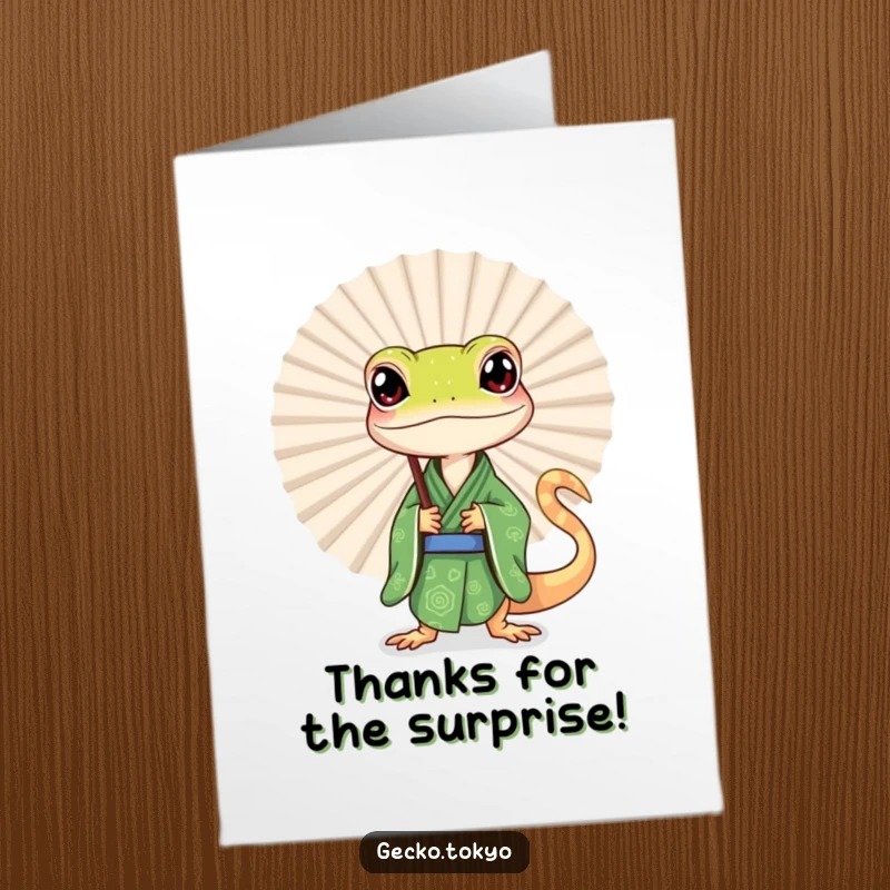 Funny Free Printable Thank You Card with a curious gecko in a green kimono peeking from behind a large fan, conveying thanks.