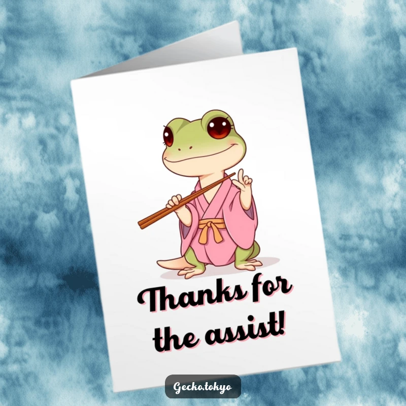 Funny Free Printable Thank You Card with a gecko in a pink kimono comically trying to balance chopsticks, conveying thanks with humor.