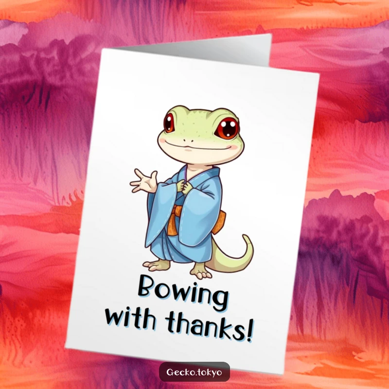 Funny Free Printable Thank You Card with a gecko in a blue kimono performing a graceful bow, conveying deep thanks.