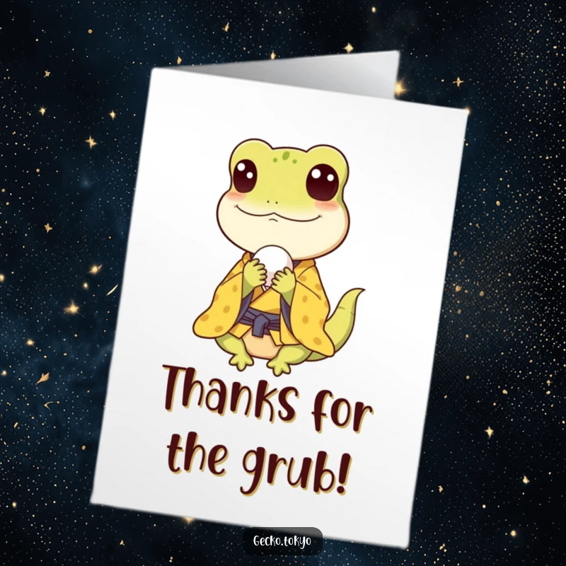 Funny Free Printable Thank You Card depicting a happy gecko in a yellow kimono savoring a tiny rice ball, showing appreciation.