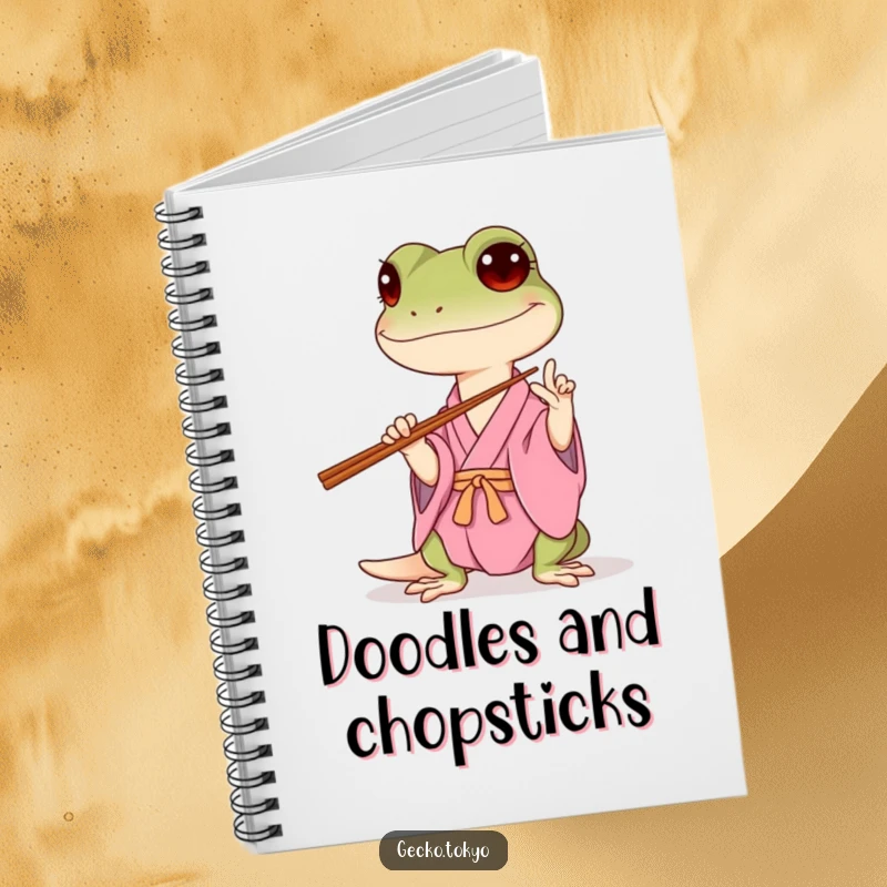 Funny gecko notebook, hilariously attempting to balance chopsticks in a pink kimono, perfect for jotting notes with relatable humor, a useful funny gift.