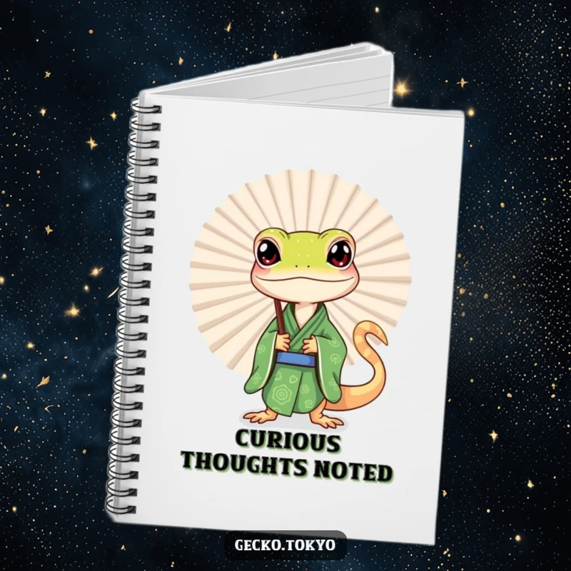 Funny gecko notebook, curiously peeking from behind a large fan in a green kimono, perfect for jotting notes with playful intrigue, a useful funny gift.