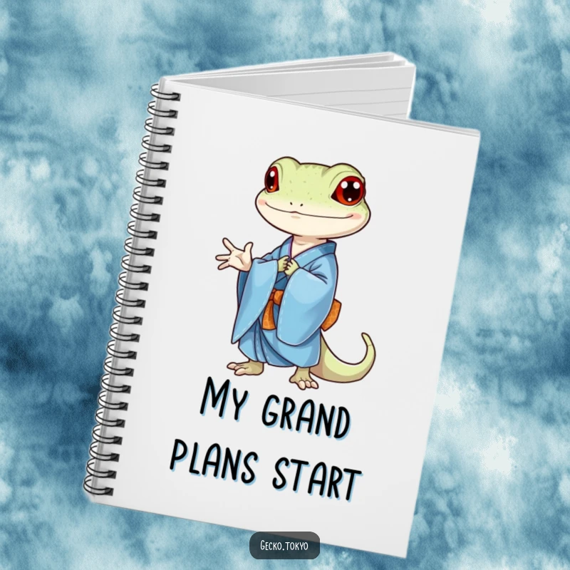 Funny gecko notebook, bowing elegantly in a blue kimono, perfect for jotting down thoughts with sophisticated humor, a useful funny gift.