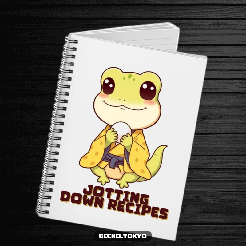 Funny gecko notebook, happily eating a rice ball in a yellow kimono, perfect for jotting notes with foodie flair, a useful funny gift.