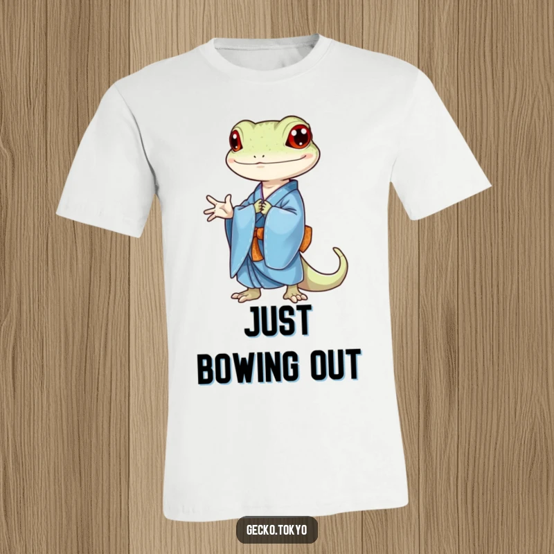 Funny gecko t-shirt, gracefully bowing in a detailed blue kimono, exuding respect and subtle humor, a stylish funny gift.