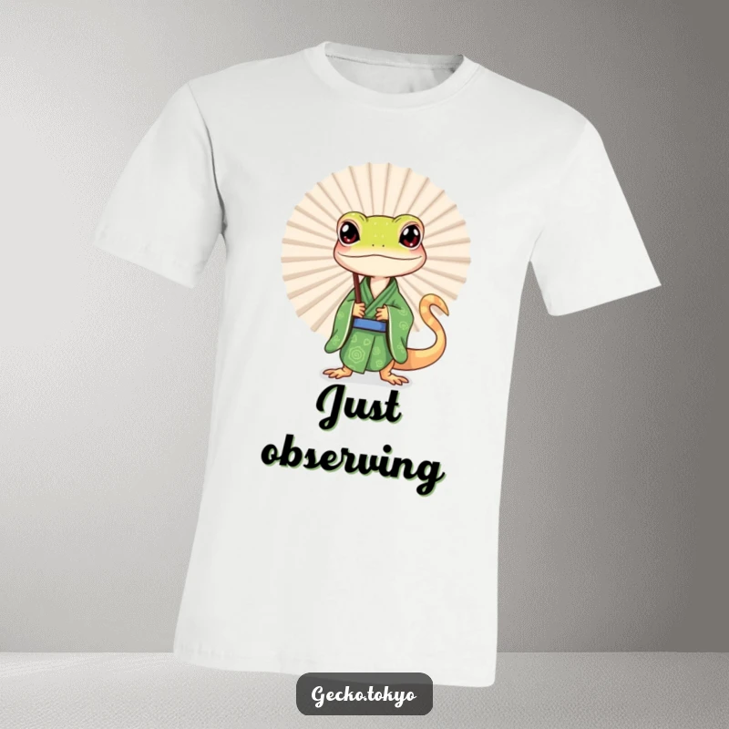 Funny gecko t-shirt, curiously peeking from behind a large fan, showcasing playful intrigue and a hint of gecko mischief, a fun funny gift.