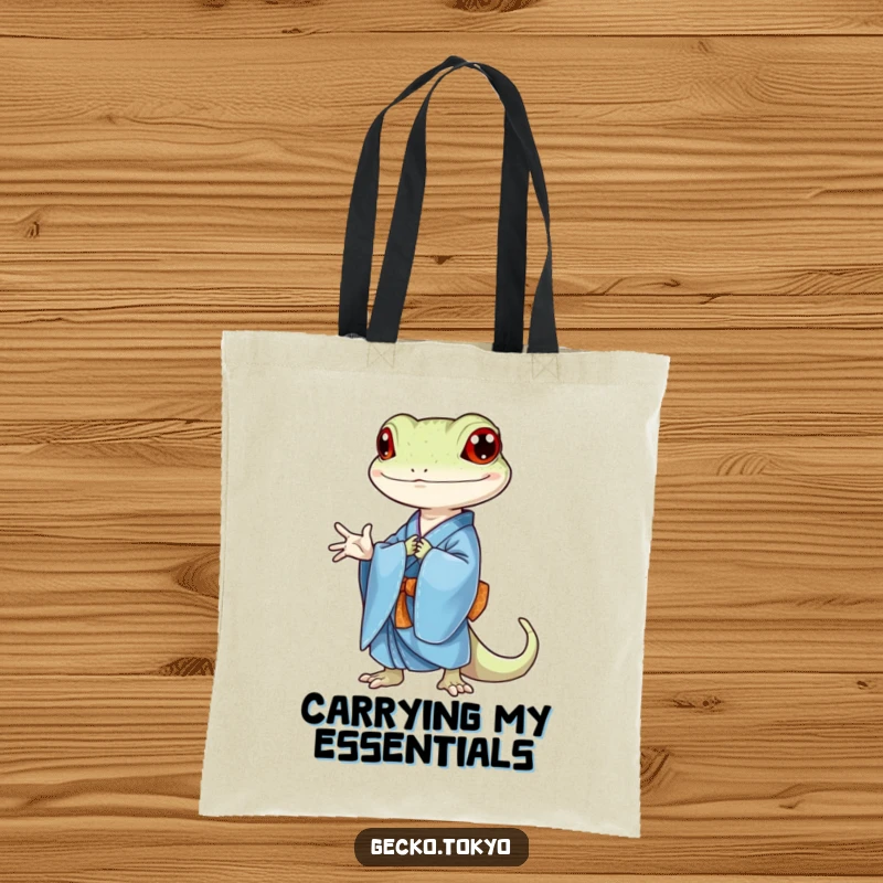 Funny gecko tote bag, gracefully bowing in a blue kimono, symbolizing respect and subtle humor, a chic funny gift.