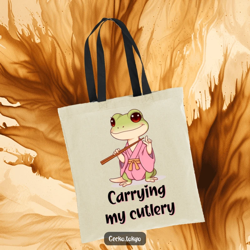 Funny gecko tote bag, hilariously attempting to balance chopsticks in a pink kimono, perfect for foodies and lovers of quirky humor, a useful funny gift.