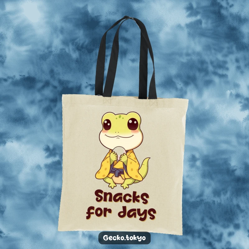 Funny gecko tote bag, happily eating a rice ball in a yellow kimono, perfect for foodies and lovers of cute designs, a useful funny gift.